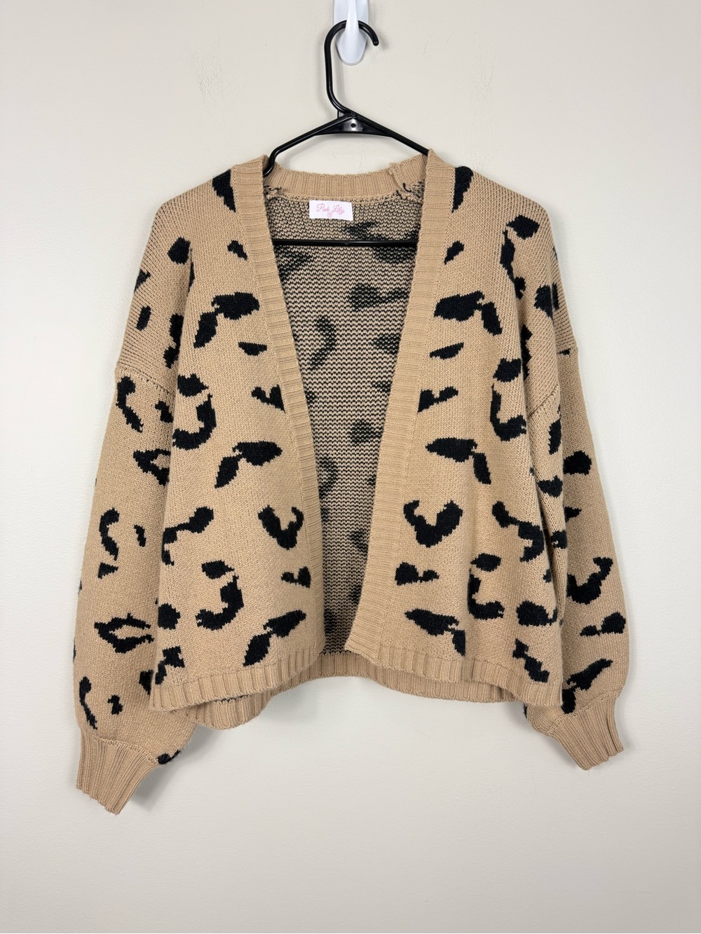 Pink Lilly Leopard Print Open-Front Cardigan Sweater Womens Small Tan Black